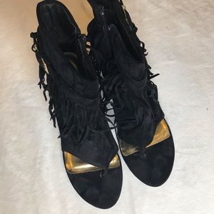 Black tassel wedge sandal